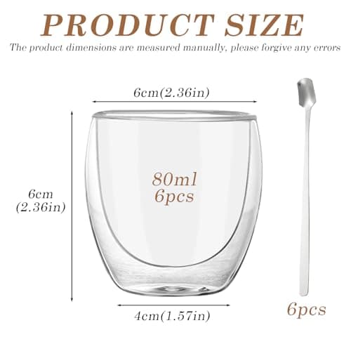 6er Set Tasse a Café Double Paroi, Tasse Double Paroi Expresso, 80 ml Tasses à Expresso en Verre, Tasses à Latte Macchiato acve 6 Cuillères, Verres a Expresso en Verre, Verre a Double pour Thé, Lait