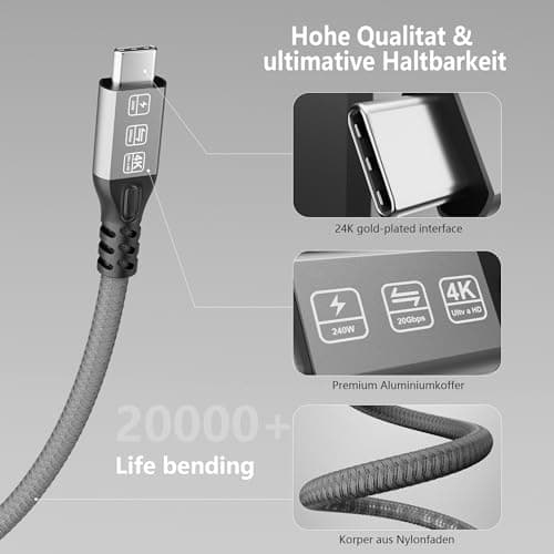 MOPOCHG Câble USB C vers USB C Coudé 240W Charge Rapide Câble USB 3.2 Vidéo 4K 60Hz Data Sync à 20Gbps Pour iPhone 15 Plus Pro Max MacBook Pro Air iPad Pro Galaxy S24 S23 Plus Ultra Tab S9 (1M)