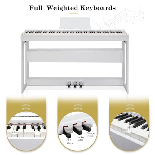 LEADZM Piano Numérique 88 Touches, Clavier Entièrement Lesté, Piano Électrique avec MIDI-USB, Bluetooth et Haut-Parleurs Stéréo, 128 Sonorités et Rythmes, Système à 3 Pédales, Blanc