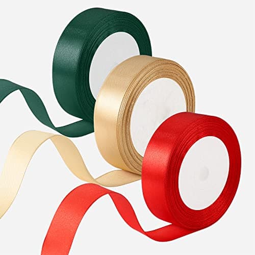 3 Rouleaux Ruban Satin, 2,5cm x 22m Ruban Satin Rouge, Or et Vert Foncé, Ruban Tissu Couleur pour Emballage Cadeau Noël Bouquet de Mariage Anniversaire Artisanat