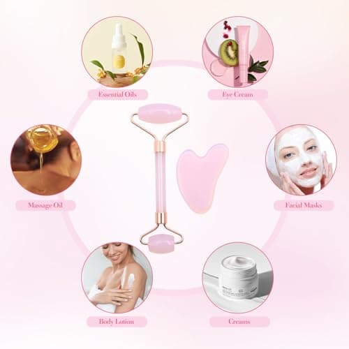 VEGCOO Quartz Rose Rouleau Gua Sha Kits, Jade Roller Visage et Pierre de Guasha, Massage pour Visage Cou Corps Muscles