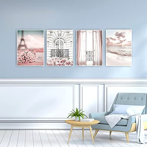 DCIDBEI 30x40CM 4 Pack Rond Peinture Diamants 5D Paysage Mer Rose, Diamond Painting Fenêtre Tableau Perle Diamant DIY,Décoration Murale/Cadeau Anniversaire Fête Fille Soeur Adultes Loisirs Creatif