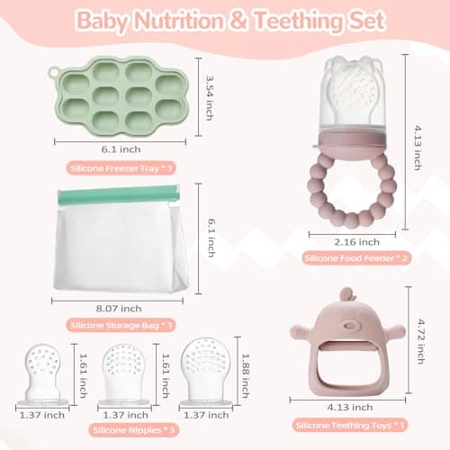 WEST STORY Tetine Grignoteuse Bébé, Tetine Fruits Bebe en Silicone, Inclus Bébé Food Rangement Nourriture, 2 Grignoteuse 3 Tailles de Tétines pour Bébé de 3~24 Mois, Jouets de dentition (Vert & Rose)