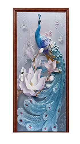 A.Monamour Sticker Porte Autocollant Poster De Porte 3D Décoration Intérieure De Paon Bleu Et Fleurs Papillon Vinyle Affiche De Porte Sticker Mural Papier Peint Art Décor 90 x 200 cm