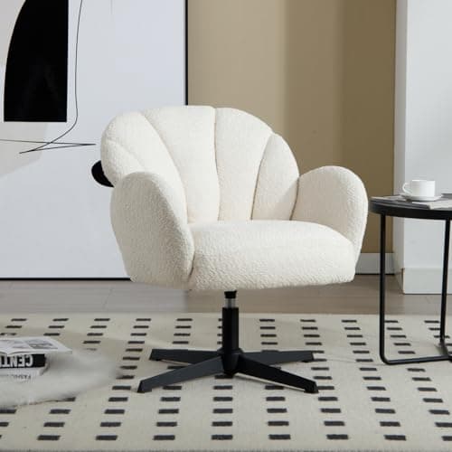 Wahson Fauteuil de Salon en Fausse Fourrure Fauteuil Crapaud Confortable Pied Pivotant Fauteuil Coquillage Siège Rembourée, Fauteuil Coiffeuse pour Salon et Chambre, Blanc
