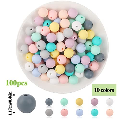 Lot de 100 perles rondes en silicone colorées de 12 mm pour collier, bracelet, trousseau de clés, bijoux, bricolage, fabrication artisanale