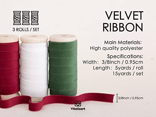 Vitalizart Ruban Velours Rouge & Vert & Blanc 0,95 cm x 4,57 m x 3 Rouleaux, Bobine en Bois, Ruban en Tissu pour la Décoration de Couronnes de Noël, l'Artisanat, les Ornements, l'Emballage de Cadeaux