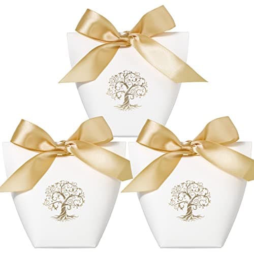 25Pcs Boîtes Cadeaux Baptême Communion Anniversaire Sachet Bonbons Mariage Bonbonnière Faveur avec 25Pcs Rubans Ballotin Chocolat Dragées Confirmation Design Arbre de Vie