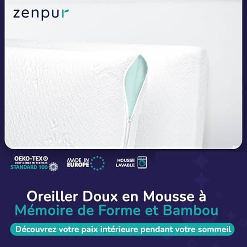 ZenPur Oreiller Cervical Souple 13cm - Coussin Mémoire de Forme Moelleux - Spécial Dormeurs sur Le Ventre, Enfants - 40x60, Certifié Oeko-TEX