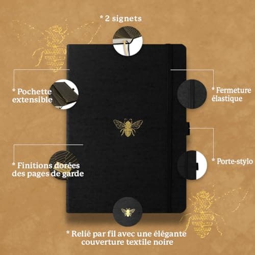 Dingbats* Pro B5 Grand Carnet De Notes Pointillé - Journal Avec Couverture En Tissu Noir, Reliure à Fil -Fermeture Élastique, Porte-stylo, Marque-page
