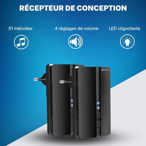 Bell4U Sonnette sans fil exterieur etanche - 2 destinataires - sonnette sans fil auto-alimentée 100 m, sonnette électronique étanche IP65, carillon lumineux LED, 52 mélodies, 4 niveaux de volume