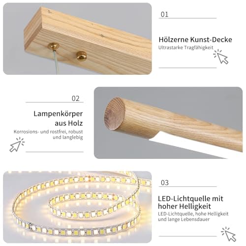 Mikeru 100cm Lampe Pendante Carrée En Bois De Frêne, Lampe Pendante Minimaliste Dimmable De 10% à 100% Luminaires Pendants Réglables En Hauteur