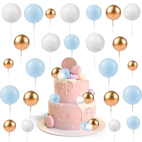 ZOOMPIL 108pcs Balle Gâteau Topper, Mini Topper de Gâteau de Ballon, Balle Gâteau Topper Bleu Blanc Doré, pour Décoration de Gâteau Dessert, Mariage Décoration