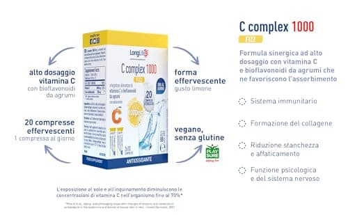 LongLife® C Complex 1000 t/r | Haute dosage 1000mg de vitamine C | Avec bioflavonoïdes d’agrumes | Time Release | Système immunitaire | Végan et sans gluten