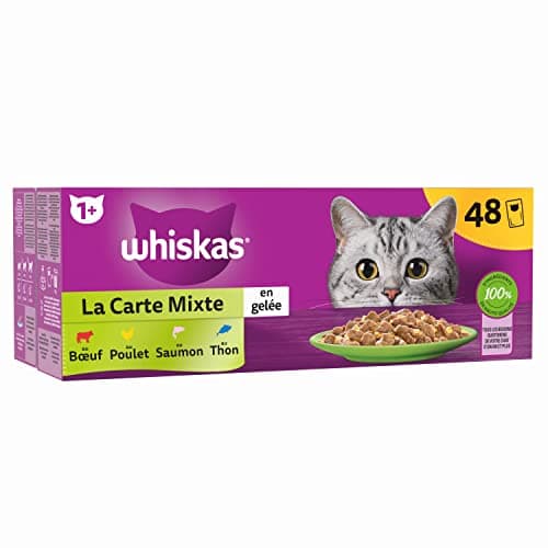 WHISKAS Repas - 48 Sachets Fraîcheur - La Carte Mixte (4 variétés) - Pâtée pour Chat Adulte en Gelée – Nourriture Humide Complète & Equilibrée, Adaptée aux Chats Stérilisés