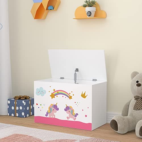 [en.casa] Coffre à Jouets pour Enfant Meuble de Rangement à Couvercle Rabattable Banc à Motif Licornes Capacité de Charge 70 kg Panneau de Particules 40 x 60 x 30 cm Blanc Violet Rose