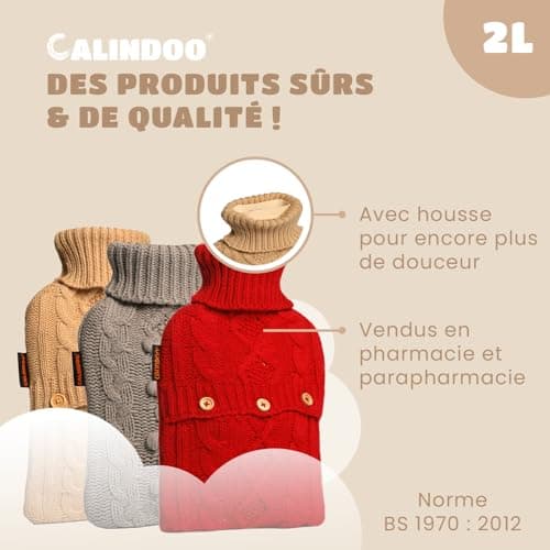 CALINDOO - Bouillotte Eau Chaude En Caoutchouc Naturel Avec Sa Housse Premium Toute Douce - Conçue Conçue Dans Un Moule Unique CALINDOO CALINDOO - Bouchon Hermétique - Housse Tricot Rouge - 2L