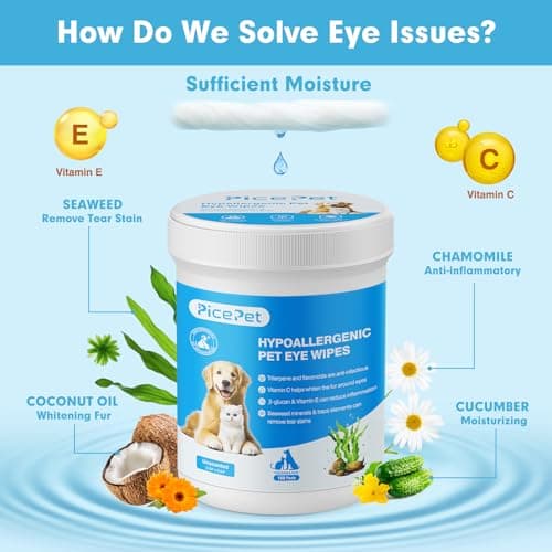 PICE PET Lingettes hypoallergéniques pour Les Yeux pour Chiens et Chats, nettoyant à Base de Plantes pour Les Taches de Larmes, écoulement, croûtes, allergies, démangeaisons, sans Parfum, 100 unités