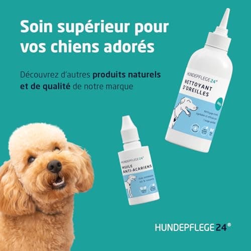 Hundepflege24 Nettoyant Oreille Chien Intense - Super Puissant en Cas d'inflammations & infections - Gouttes d'oreilles Naturelles pour Chiens avec du piroctone olamine, de la Camomille & l'aloe Vera