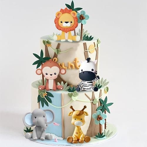 Gâteau Topper Jungle, 5 Pièces Animaux Gâteau Décoration, Decor Gateau Animaux la forêt, Girafe,Lion,Singe,Éléphant,Zèbre pour Enfants Fête d'anniversaire Animaux de la Jungle Gâteau Décoration