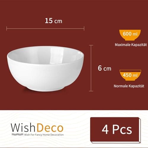 WishDeco Lot de 4 Bols à Céréales, Bols à Soupe 600ml, Bols Petit Déjeuner en Porcelaine, Bols Blancs pour Dessert, Pâtes, Nouilles, Riz, Salade, Fruits