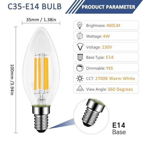 Ampoules E14 Bougie LED 4W, Dimmable, Équivalent Incandescente/Halogène 40W, Blanc Chaud 2700K, 400LM, AC 230V, C35 E14 Filament Vintage, pour Lustres, Plafonnier, Applique, Lot de 4