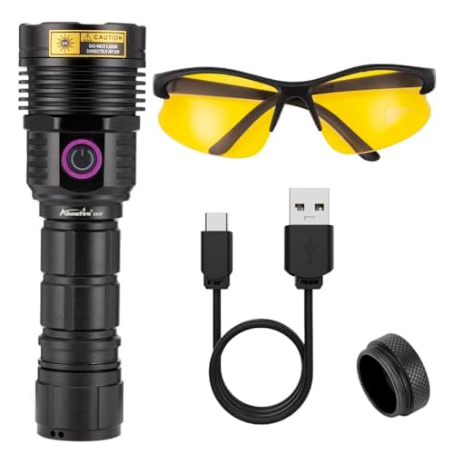 Alonefire SV47 12W Lampe Torche UV 365nm Rechargeable Longue Portée Ultraviolet Lumiere Noire Détecteur D'urine pour Resine, Pêche, Scorpion,Minéraux avec Lunettes de Protection UV, Batterie Incluse