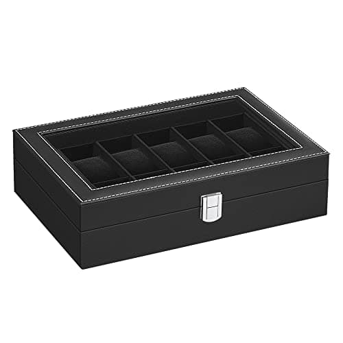 SONGMICS Boîte à Montres à 12 Emplacements, Coffret à Montres, Écrin, avec Couvercle en Verre, Coussinets Amovibles, Serrure en Métal, Revêtement en Noir et Doublure en Noir JWB12B