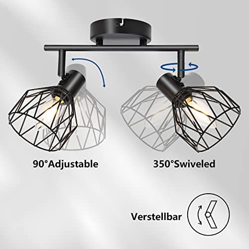 KYOTECH Plafonnier LED 2 Spots Pivotants & Orientables Rétro en Métal Noir Cage Spots de plafond Applique murale Noir Douille E14,Spot pour Cuisine Chambre Coucher,livré sans ampoules