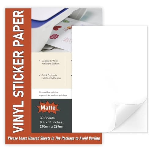 Lot de 30 feuilles de papier autocollant A4, imprimables non étanches en vinyle mat pour imprimantes à jet d'encre et laser, 210 mm x 297 mm