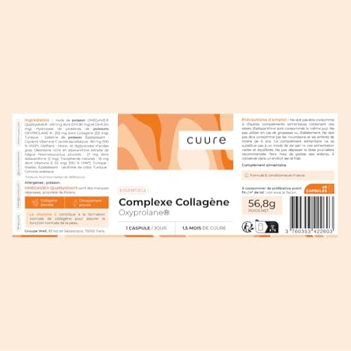 Complexe Collagène Marin Hydrolysé Breveté - CUURE - 45 Jours - 45 Gélules - Oméga 3, Vitamine C E et Astaxanthine- 1500 Dalton - Peau - Fabriqué en France