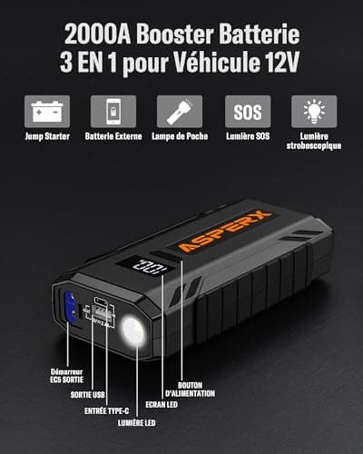 AsperX Booster Batterie Voiture 2000A, Chargeur Batterie Voiture 12V Portable (Jusqu’à 8,0L Gaz ou 6,5L Gazole), Démarreur Batterie Voiture avec Lampe LED et Ecran LCD de 1,4 Pouces