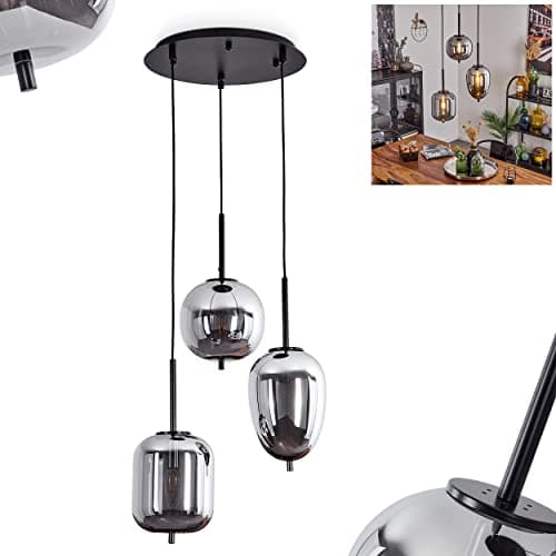 Suspension Verbania en verre chromé et métal noir, élégante lampe pendante moderne idéale dans un salon contemporain, hauteur max. 128 cm, pour 3 ampoules E14, ampoule(s) non incluse(s)