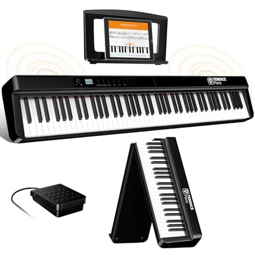 TERENCE Pliable Piano Numérique 88 touches avec Haut parleur 2x25W Batterie de 2000mAh lestées Pédale de Sustain interface MIDI avec support de partitions Bluetooth Sacs pour Piano Câble audio Casque