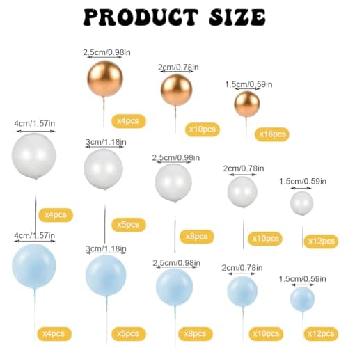 ZOOMPIL 108pcs Balle Gâteau Topper, Mini Topper de Gâteau de Ballon, Balle Gâteau Topper Bleu Blanc Doré, pour Décoration de Gâteau Dessert, Mariage Décoration