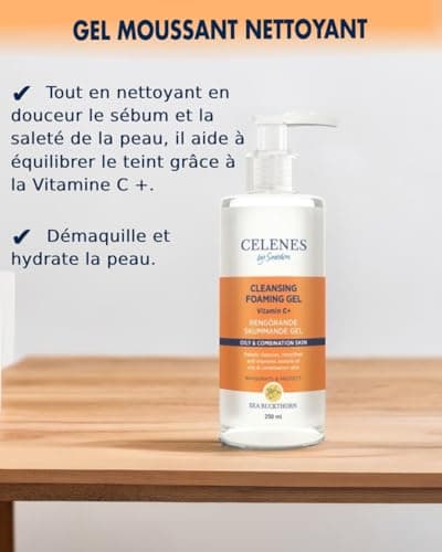 Celenes by Sweden Gel Nettoyant Visage à l'Argousier, Mousse Nettoyante Visage 250ml - Nettoyant Visage avec Vitamine C - Demaquillage Visage Sans Parabèn-Alcool, Nettoyant Visage Peau Grasse & Mixte