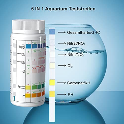 Lot de 100 bandelettes de test 6 en 1 pour aquarium, test du pH nitrite, nitrate, chlore, dureté carbonatée générale, eau salée, eau douce d'aquarium