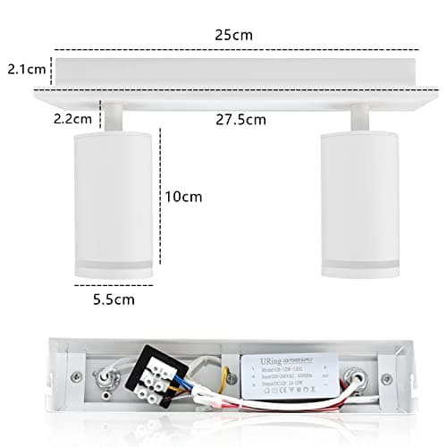 URing Plafonnier LED 2 Spot, Spots de plafond Plafonnier Pivotants & Orientables, Éclairage LED luminaire avec lueur inférieure 7W+ 2x 5W GU10 1700LM, Blanc Chaud 3000K pour Cuisine Salon, Blanc mat