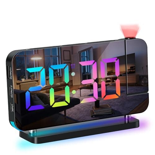 ThreeH Réveil Arc-en-Ciel Numérique Réveil à Projection Grand écran LED Miroir Veilleuse Colorée Double Ports Charge USB Fonction Snooze Dimming Volume Ajustable Noir