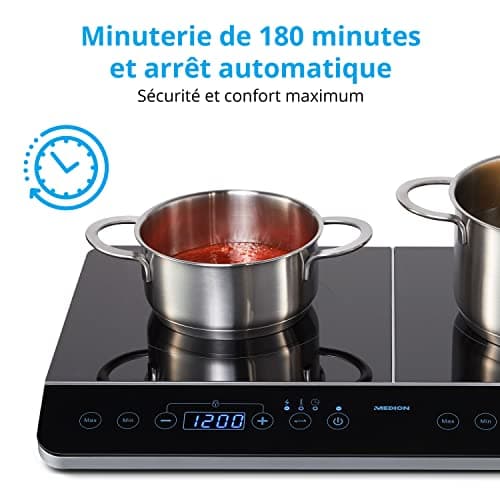 MEDION Plaque de cuisson double à induction (3500 Watt, Deux plaques de cuisson electrique, 2 feux, 10 niveaux de température, portable, écran LED, MD15324) noir