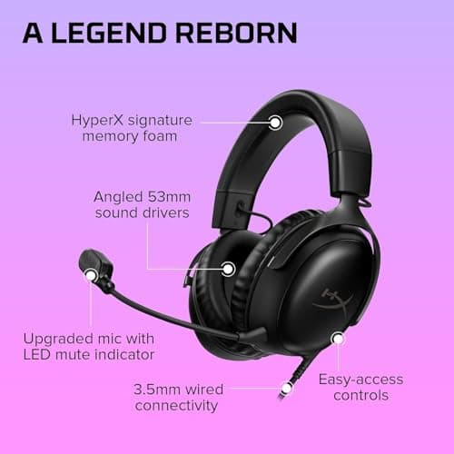 HyperX Cloud III – Casque de Gaming Filaire, PC, PS5, Xbox Series X|S, DTS, Mousse à mémoire de Forme, Microphone au Son cristallin de 10 mm, avec Suppression du Bruit, USB-C, USB-A, 3.5mm – Noir