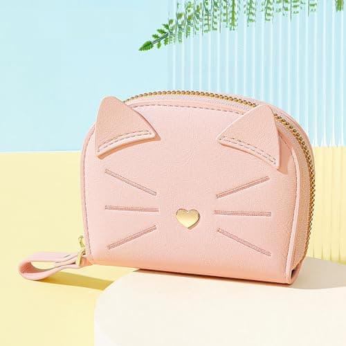 Porte Carte de Crédit Femmes, PU Cuir Porte-Cartes de Visite Protection RFID Portefeuille Porte Monnaie Fermeture Éclair Crédit Portefeuille avec 11 emplacements pour Cartes Women's Wallet,Rose Chaton