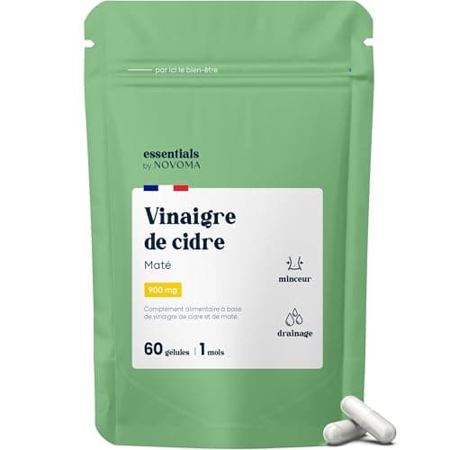 Vinaigre de Cidre avec Maté, Effet Coupe-Faim et Draineur Naturel pour la Perte de Poids, Avec Yerbé Maté, Cure de 1 mois, 60 Gélules, Fabriqué en France, Essentials by Novoma
