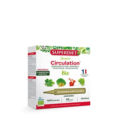 SUPERDIET-QUATUOR CIRCULATION BIO-Jambes légères-Marronnier d’inde,Hamamélis,Vigne rouge,Ginkgo biloba-Format nomade-20 Unidoses de 15 ml