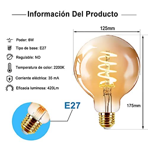 EXTRASTAR Lot de 2 Ampoule LED Edison Style Rétro Vintage, G125SP 6W E27 Blanc Chaud 2200K, 2 unités