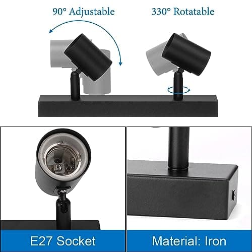 Klighten Spot Plafond E27, Vintage Plafonnier 2 Spots Noir Orientable, Luminaire Plafonnier Industrielle, Éclairage de Plafond Interieur pour Cuisine, Chambre, Salon, 26cm, Ampoule non Incluse