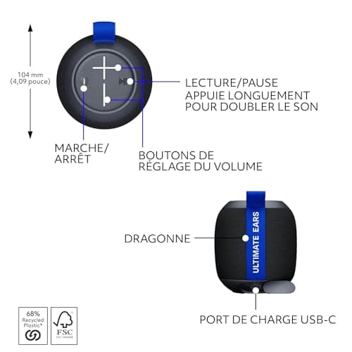 Ultimate Ears WONDERBOOM Play, Enceinte Bluetooth Portable et étanche, Enceinte Flottante étanche à la poussière d’Une portée de 40 m - Noir