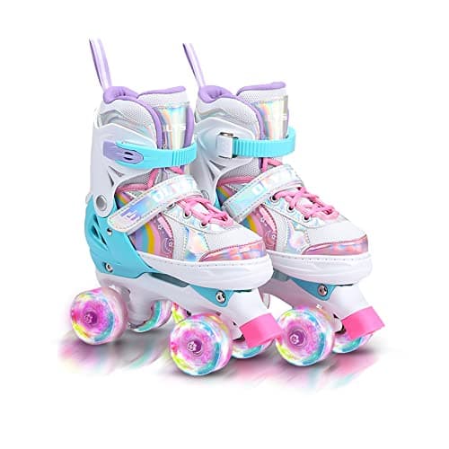 OLYSPM Patins à roulettes pour Enfants, 8 Roues Lumineuses et 4 Tailles réglables, Patins à Quatre Roues avec Sac de Rangement, Patins à roulettes à Double rangée pour Filles, garçons et débutants