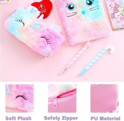 Lassuzie Journal Intime Fille avec Cadenas, Carnet Secret pour Fille en Peluche Comprenant Une Cahier A5 et Une Licorne Trousse à Crayons, Cadeau Licorne pour Fille 5 6 7 8 9 10 11 12 Ans