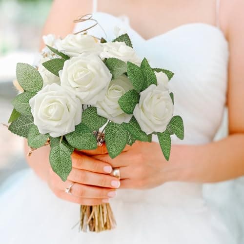 ilauke 30 Rose Blanche Artificielle avec Tiges et Carte,Roses en Mousse en Vrac 8cm Fausses Fleurs Rose pour Toucher Réaliste,Bouquet de Fleurs Artificielles avec Feuilles pour Centre de Table Mariage